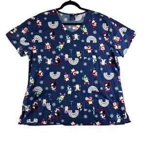Zoe + Chloe Penguin Scrub Tops Women's XL Blue Nurse Medical Work Uniform Vet
